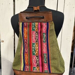 Colorful Bohemian Woven Backpack with Leather Accents Bag Purse Tote